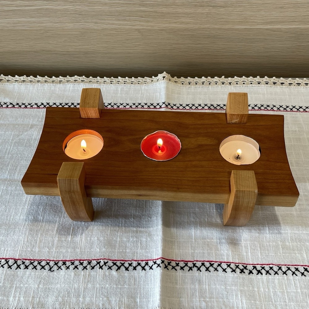 Handcrafted Wooden 3 Hole Candle Holder Cherry Votive Tea Light Tray Stand